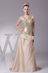 Sequin And Taffeta Bodice Brush Train Evening Dress With Flower And Sash