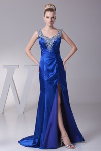 Beading Wide Straps Sweep Train Evening Dress With High Slit