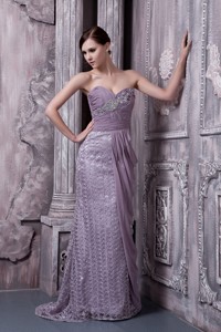 Lavender Column Sweetheart Evening Dress Special Fabric and Chiffon Beading Brush Train