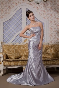 Grey Column Strapless Brush Train Elastic Woven Satin Appliques Prom / Evening Dress