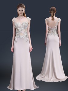Luxurious Brush Train Cap Sleeves Evening Dress With Appliques