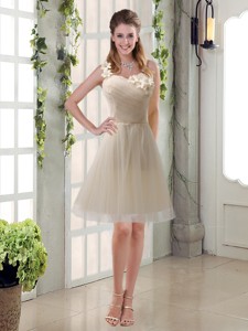 Champagne Ruched Handmade Flowers One Shoulder Bridesmaid Dress