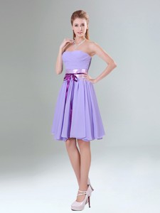 Decent Lavender Ruched Mini Length Bridesmaid Dress with Bowknot Sash