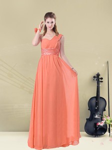 Affordable One Shoulder Floor Length Bridesmaid Dress With Ruching And Belt