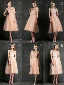 Best Selling Sashed Peach Bridesmaid Dress in Knee Length
