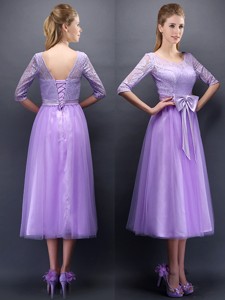 Cheap See Through Scoop Half Sleeves Bridesmaid Dress with Bowknot