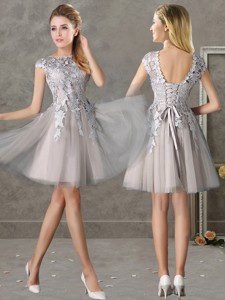 Most Popular Bateau Cap Sleeves Grey Bridesmaid Dress with Lace