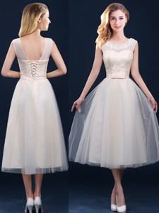 Best Selling See Through Champagne Bridesmaid Dress with Appliques and Belt