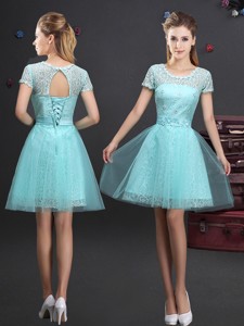 New Style See Through Scoop Laced Bridesmaid Dress with Short Sleeves