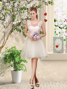 Feminine A Line Hand Made Flowers Bridesmaid Dress In Champagne