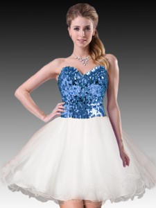 Lovely Short White Dama Dress with Blue Sequins