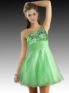 One Shoulder Beaded and Sequined Short Dama Dress in Green