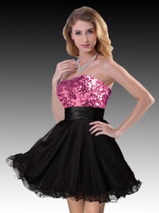 Short Strapless Black Dama Dress with Hot Pink Sequins