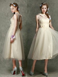 Pretty High Neck Champagne Bridesmaid Dress With Lace