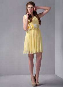 Yellow Empire Straps Mini-length Organza Hand Made Flower Bridesmaid Dress