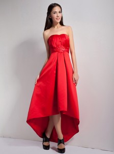 Lovely Red Strapless Appliques Bridesmaid Dress High-low Satin