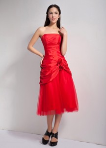 Customize Red Strapless Hand Made Flowers Bridesmaid Dress Tea-length Taffeta And Tulle