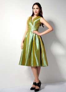 Customize Olive Green A-line V-neck Bridesmaid Dress Tea-length Ruch Taffeta