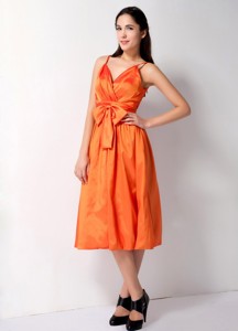 Customize Orange Spaghetti Straps Bow Bridesmaid Dress Tea-length Taffeta