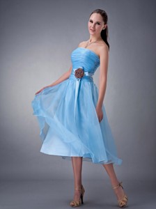 Custom Made Baby Blue Princess Bridesmaid Dress Strapless Hand Made Flower Tea-length Chiff