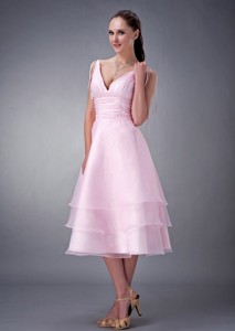 Exclusive Baby Pink Princess V-neck Bridesmaid Dress Organza Ruch Tea-length