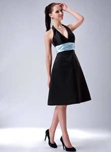 Custom Made Black Princess Halter Bridesmaid Dress Belt Knee-length Satin