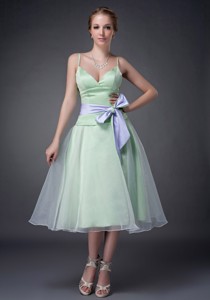 Sweet Apple Green Straps Mother Of The Bride Dress Tea-length Organza Bowknot