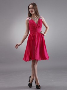 Coral Red V-neck Prom / Homecoming Dress With Beading Chiffon Knee-length