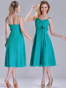 Spaghetti Straps Ruched And Belted Turquoise Bridesmaid Dress In Tea Length