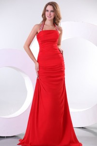 Red Halter Top Neck Beaded Decorate Evening Dress With Side Zipper