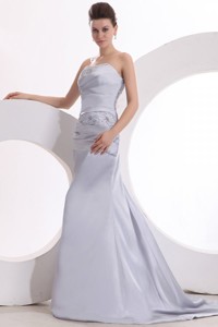 Beautiful Column Strapless Grey Brush Train Lace Up Evening Dress With Beading