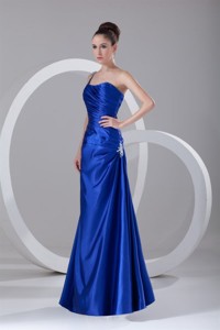 Simple Column One Shoulder Floor Length Appliques And Ruching Blue Evening Dress