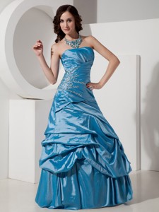 Sky Blue Princess Strapless Evening Dress Taffeta Beading Floor-length