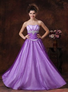 Beaded Decorate Shoulder Tulle Strapless Lavender Evening Dress