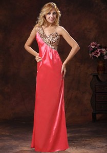Watermelon Red One Shoulder Leopard And Silk Like Satin Evening Gown For Custom Ma