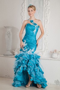 Teal Mermaid One Shoulder Ruch And Appliques Evening Dress High-low Organza