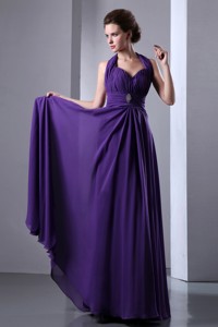 Purple Empire Halter Top Evening Dress Backless Chiffon Beading