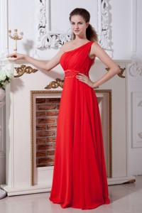 Red One Shoulder Evening Dress Empire Floor-length Chiffon