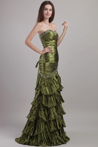 Olive Green Column Sweetheart Brush Train Taffeta Beading and Ruch Prom / Celebrity Dress