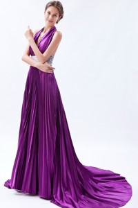 Eggplant Purple Backless Sequin Pleat Evening Dress Princess Halter Court Train