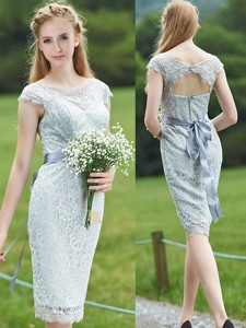 Wonderful Scoop Cap Sleeves Sashes Bridesmaid Dress in Grey