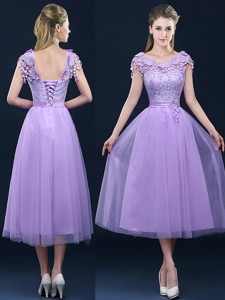 New Style Cap Sleeves Lavender Bridesmaid Dress with Lace and Appliques