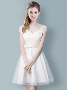 Wonderful V Neck Champagne Bridesmaid Dress with Cap Sleeves