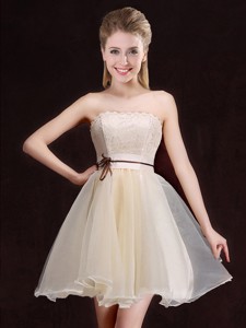 Latest A Line Organza Short Bridesmaid Dress with Lace and Belt