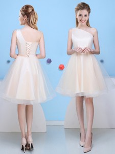 Romantic Bowknot One Shoulder Champagne Bridesmaid Dress in Tulle