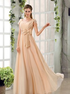 Scoop Ruching Cap Sleeves Chiffon Bridesmaid Dress In Champagne