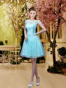 Luxurious A Line Belt And Appliques Bridesmaid Dress With Cap Sleeves