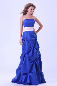 Blue Custom Made Bridesmaid Dress Wth Pink Sash And Pick-ups Floor-length