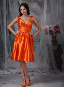 Orange Red Column V-neck Knee-length Taffeta Ruch Bridesmaid Dress