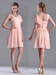 Simple Empire Ruched Peach Bridesmaid Dress With Asymmetrical Neckline